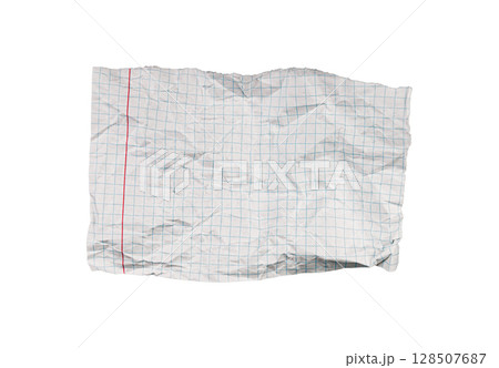 Crumpled Torn Checkered Paper on White Background for Artistic Designs 128507687