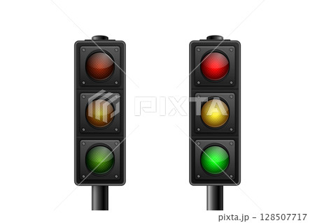 Realistic Traffic Light, Vector Illustration. Traffic Signal Vector Icon with Red, Yellow, Green Lights. Road Sign, Safety Signal, Stoplight Graphic, Street Light Vector for City and Road Design Realistic Traffic Light, Vector Illustration. Traffic Signal Vector Icon with Red, Yellow, Green Lights. Road Sign, Safety Signal, Stoplight Graphic, Street Light Vector for City and Road Design 128507717