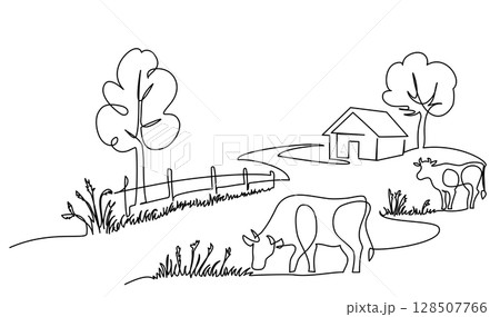 Village house with road fence and cow. Continuous one line drawing. 128507766