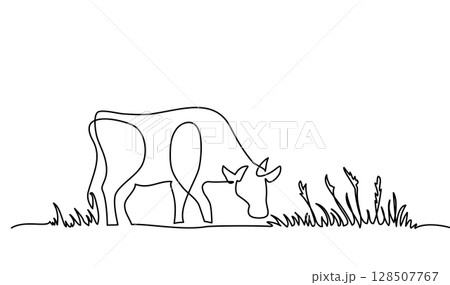 Cow standing and eating grass. Continuous one line drawing 128507767