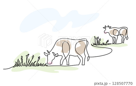 Cows on pasture. Continuous one line drawing. Cow milk farm concept in simple linear style. Cows on pasture. Continuous one line drawing. Cow milk farm concept in simple linear style. 128507770