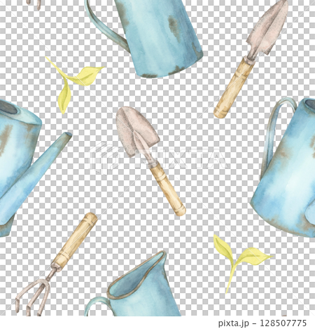 Watering cans, trowels, and small leaves in watercolor clipart set on seamless pattern layout. Gardening illustration great for decorative packaging, printable gift wrap, or garden-themed templates 128507775