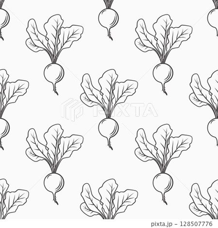Vector Seamless Pattern with Outlined Black Radish on White Background. Radish Illustration for Kitchen Decor, Radish Wallpaper, Vegetable Fabric, Food Packaging Design, Organic Food Illustration 128507776