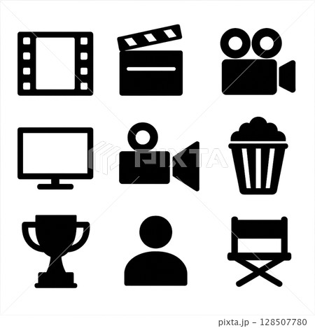 映画業界に関係するシンプルなアイコンのセット 128507780