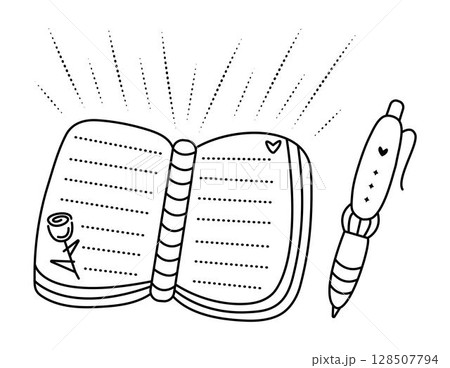 Black line notepad and pen, cute vector monochrome illustration Black line notepad and pen, cute vector monochrome illustration 128507794