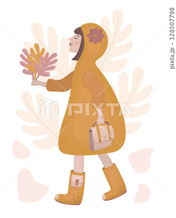 Woman brunette with bob hairstyle is on an autumn walk, girl in a raincoat with a hood, lady with a bouquet of autumn leaves, fall color vector illustration in boho style 128507798