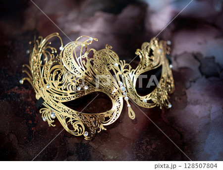 Carnival masquerade golden mask, mysterious accessory for party 128507804