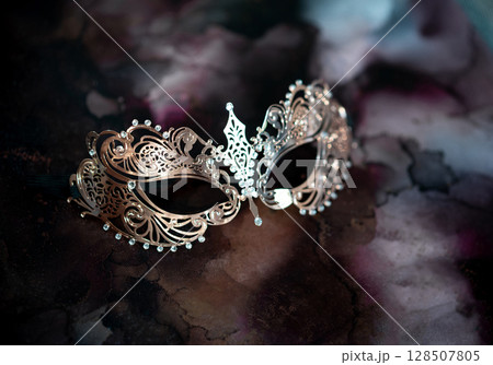 Carnival masquerade golden mask, mysterious accessory for party 128507805