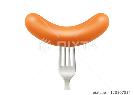 Vector 3d Realistic Grilled Sausage on Fork, Isolated. Cooked Sausage with Grill Cuts for BBQ Menu, Picnic Food, Meat Product Design, Restaurant Icon, Butcher Branding, Culinary Concept, Packaging 128507834
