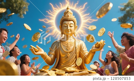 お金の神様による金運upを表したイラスト お金の神様による金運upを表したイラスト 128507853
