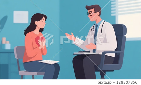 心療内科の診察室で心の悩みを打ち明ける女性のイラスト 128507856
