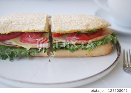 Fresh sandwich with lettuce, tomato, and turkey on plate 128508041