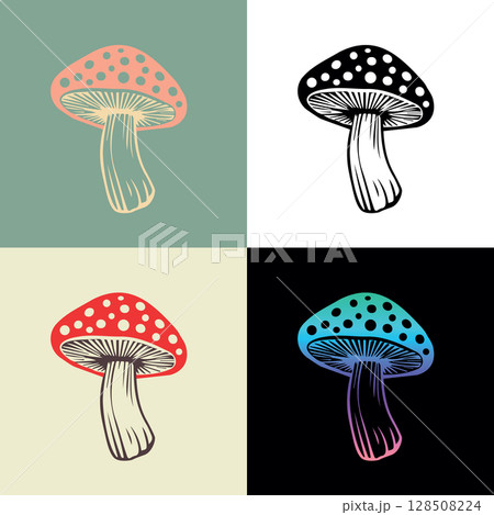 Vector flat fly agaric mushroom icon amanita. Set collection different colors 128508224