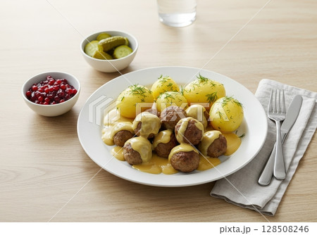 Swedish meatballs with potatoes, cream sauce, lingonberry jam, and pickles 128508246