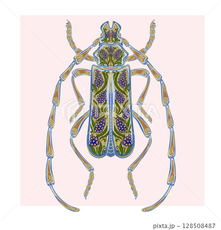 Stylized decorative illustration of a beetle with intricate floral patterns in Art Nouveau style, inspired by nature. Stylized decorative illustration of a beetle with intricate floral patterns in Art Nouveau style, inspired by nature. 128508487
