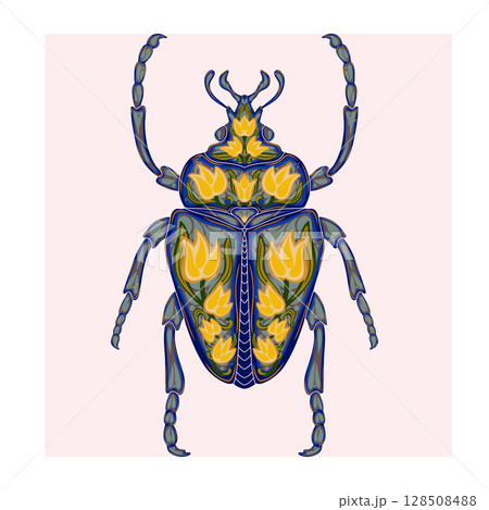 Stylized decorative illustration of a beetle with intricate floral patterns in Art Nouveau style, inspired by nature. Stylized decorative illustration of a beetle with intricate floral patterns in Art Nouveau style, inspired by nature. 128508488