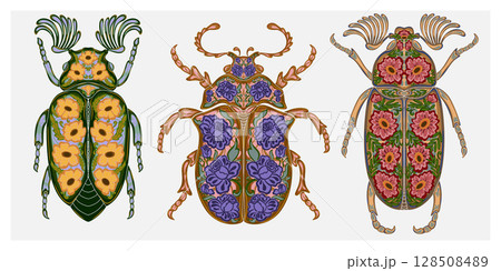 Stylized decorative illustration of a beetle with intricate floral patterns in Art Nouveau style, inspired by nature. 128508489
