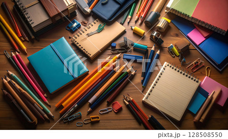 Colorful School Supplies on Wooden Desk. Back to School Concept. Generated image Colorful School Supplies on Wooden Desk. Back to School Concept. Generated image 128508550