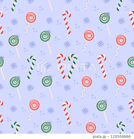 Candy cane and lollipop seamless pattern, color winter background  128508666