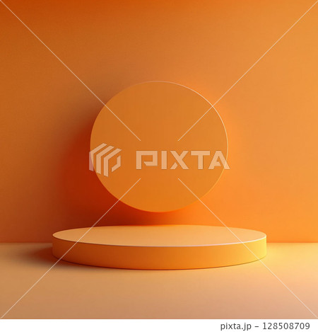 Orange cylindrical podium with a circle on a solid background. Generative AI 128508709