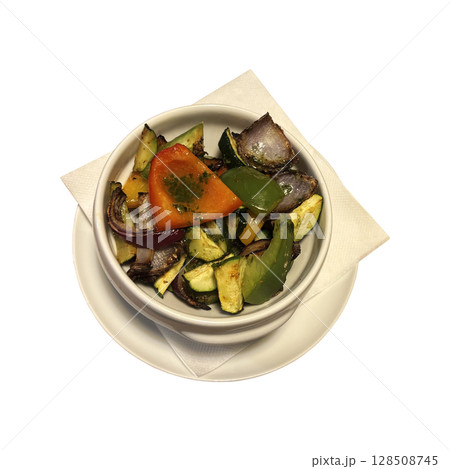 Grilled vegetables in white bowl and plate, healthy organic side dish full of vitamins, restaurant serving vegetables, isolated object cut out with clipping path, soft selective focus 128508745