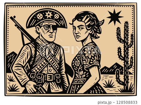 Brazilian cangaceiros Lampiao and Maria Bonita. Bandits, folk heroes of Brazil. Brazilian cordel style. Northeast woodcut 128508833