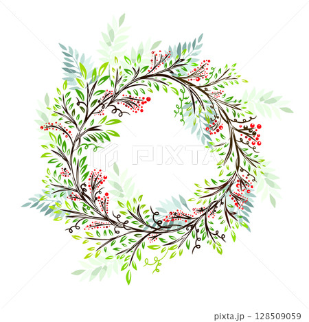 Hand drawn herb floral frame. Round frame with twigs and berries. Not AI, Vector illustration Hand drawn herb floral frame. Round frame with twigs and berries. Not AI, Vector illustration 128509059