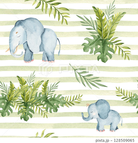 Cute elephant baby and adult Watercolor seamless pattern with Tropical leaves on green striped background. Safari Animals hand drawn illustrations for kid textile prints, wallpaper and packaging paper 128509065