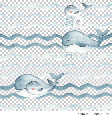 Watercolor blue Whales seamless pattern, adult and child swimming in Ocean waves. Hand drawn illustration for kids wallpaper, textile and packaging prints. 128509066