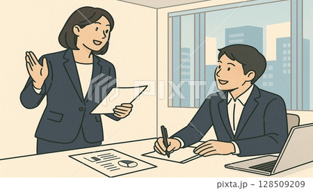 スーツ姿の男女が対話するビジネスシーンのイラスト（会話・相談・ミーティング） 128509209