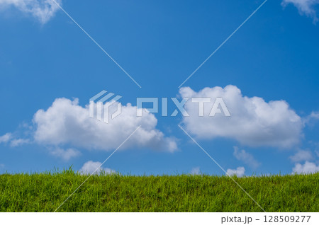 『風景・背景素材』爽やかな夏の青空と草原 128509277
