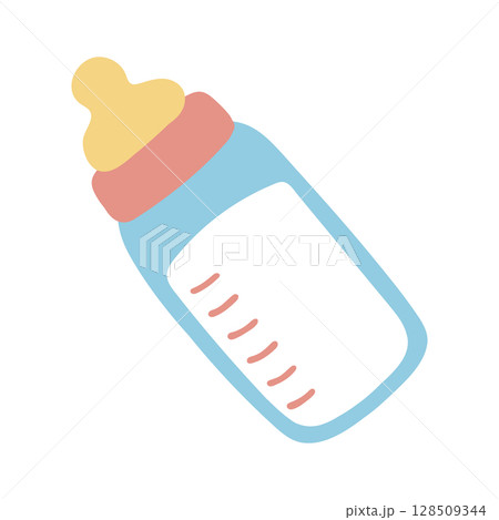 やさしい色合いの哺乳瓶のミルクのイラスト 128509344