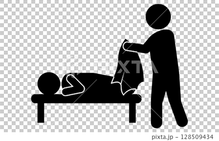 寝ている子どもに布団をかける人のピクトグラム 128509434