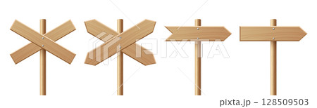 Vector Realistic Wooden Blank Sign Post Set, Closeup Isolated. Realistic Road Signboard. Plywood Pointer, Timber, Directional Sign Design Template, Front View. Vector Illustration in 3D Style 128509503