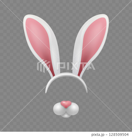 Vector 3d Bunny Ears and Nose. Bunny Ears and Nose for Easter, Costume, Mask, Selfie Filter. Bunny Ears and Nose Clipart for Kids, Party, Cute Animal Design, Holiday, Decoration, Photo Booth, Fun 128509504
