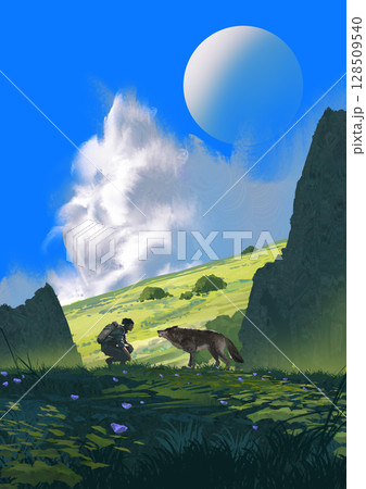 Traveler and Wolf Under a Distant Moon 128509540