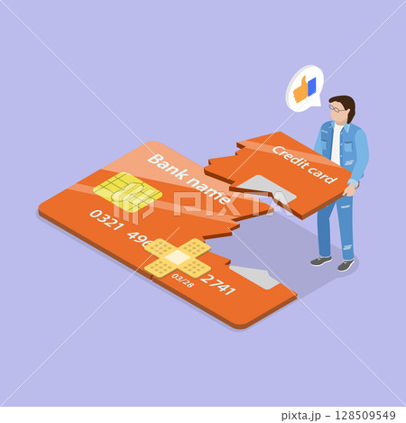 3D Isometric Flat Vector Illustration of Payment Dispute, The Process Of Repairing Poor Credit By A Confident Businessman With Fixed Credit Card 3D Isometric Flat Vector Illustration of Payment Dispute, The Process Of Repairing Poor Credit By A Confident Businessman With Fixed Credit Card 128509549