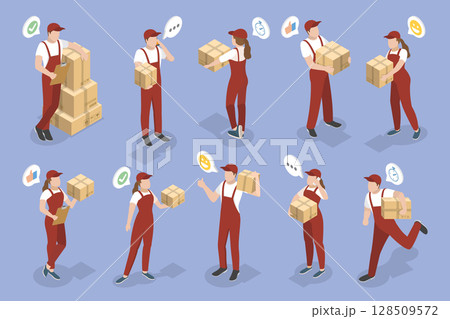 3D Isometric Flat Vector Illustration of Delivery Service, Collection Of Mail Carriers 128509572