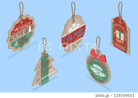 3D Isometric Flat Vector Illustration of Winter Holiday Decoration, Set Of Vintage Christmas Tags With String, Textured Paper - Retail, Sale, And Discount Theme 128509581