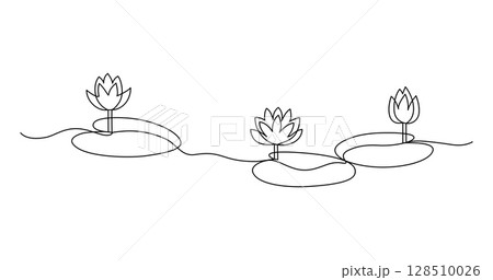 Lotus flowers on the leaves of water lilies, drawn in continuous line in minimalist style, design element, abstraction, natural aesthetics, one line, editable vector contour. Lotus flowers on the leaves of water lilies, drawn in continuous line in minimalist style, design element, abstraction, natural aesthetics, one line, editable vector contour. 128510026