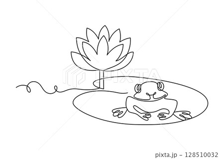 Funny frog resting on lily pad beside blooming lotus flower, drawn in continuous line in minimalism, abstract, greeting card, invitation to holiday, editable vector contour. 128510032