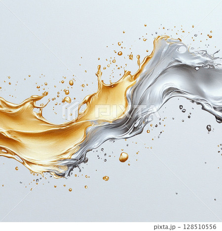 Silver and gold liquid splashes with sprinkles. Generative AI 128510556
