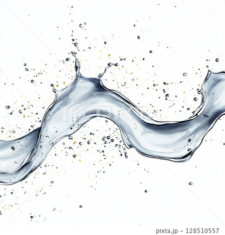Elegant transparent water splash with golden sprinkles on a white background. Generative AI 128510557