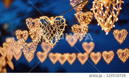 whimsical display of twinkling heart shaped lights creating warm and festive atmosphere with clear space for text 128510726