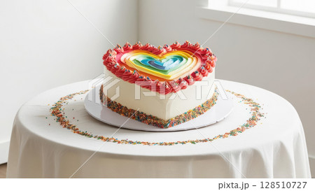 whimsical heart shaped cake with rainbow frosting and sprinkles, displayed on festive tablecloth, perfect for celebrations 128510727