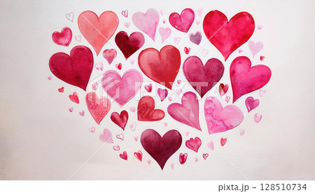 vibrant blend of watercolor heart patterns in shades of pink and red, creating joyful and romantic atmosphere 128510734