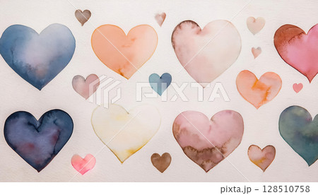 Delicate watercolor heart illustrations in soft hues on textured background 128510758