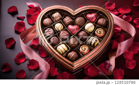 Decadent array of cho tes in heart shaped box, elegantly displayed with scattered rose petals Decadent array of cho tes in heart shaped box, elegantly displayed with scattered rose petals 128510780