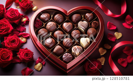 Decadent cho tes in heart shaped box surrounded by red roses and ribbons evoke romance Decadent cho tes in heart shaped box surrounded by red roses and ribbons evoke romance 128510781