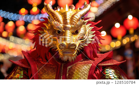 vivid dragon costume with glinting scales under bright lights, showcasing festive colors and intricate details 128510784